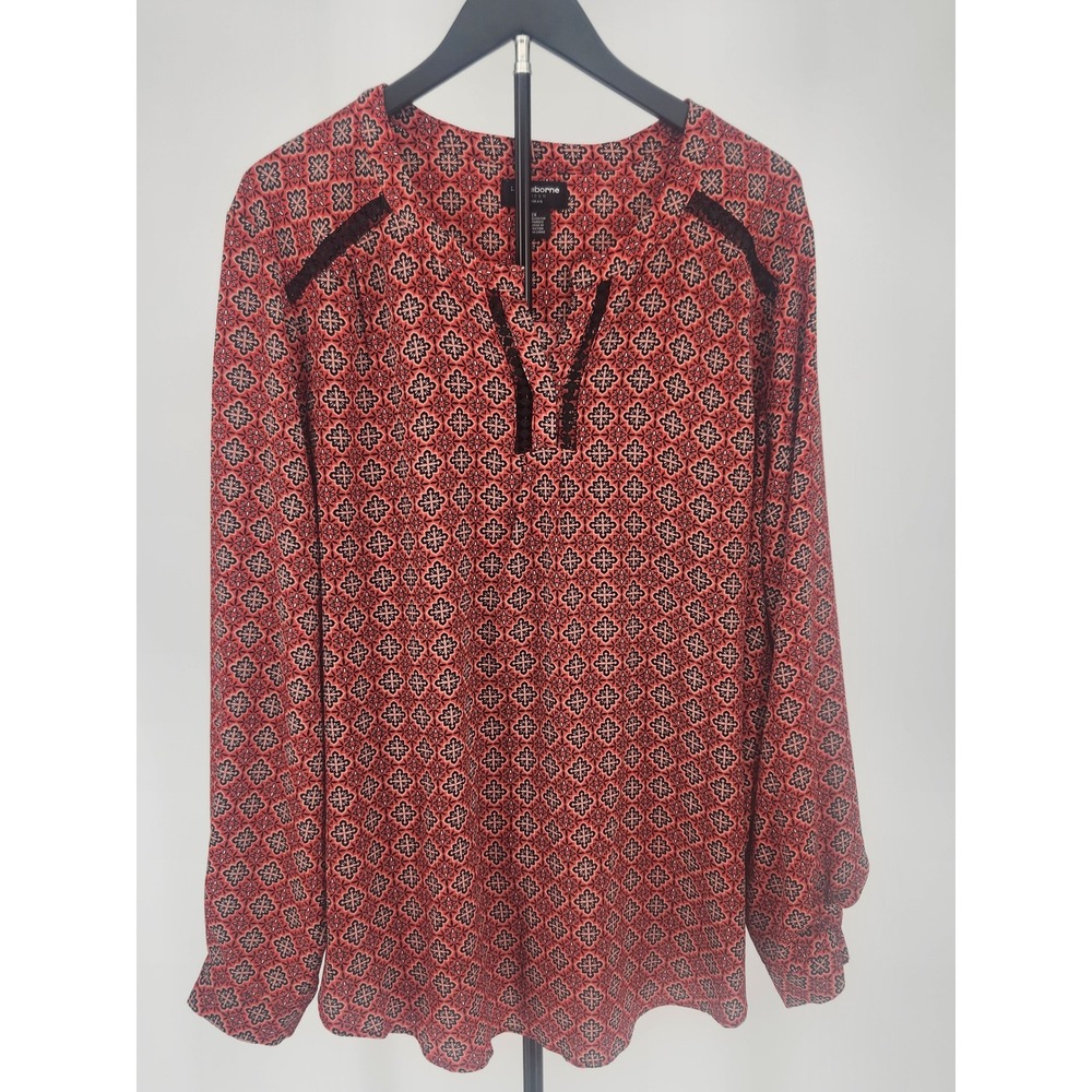 Liz Claiborne Career Woman Red Geometric Lace Trim V-Neck Blouse Plus Size 2X